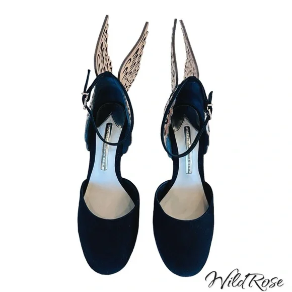 SOPHIA WEBSTER EVANGELINE D’ORSAY BLACK & ROSE GOLD BUTTERFLY WINGS PUMPS SZ 36